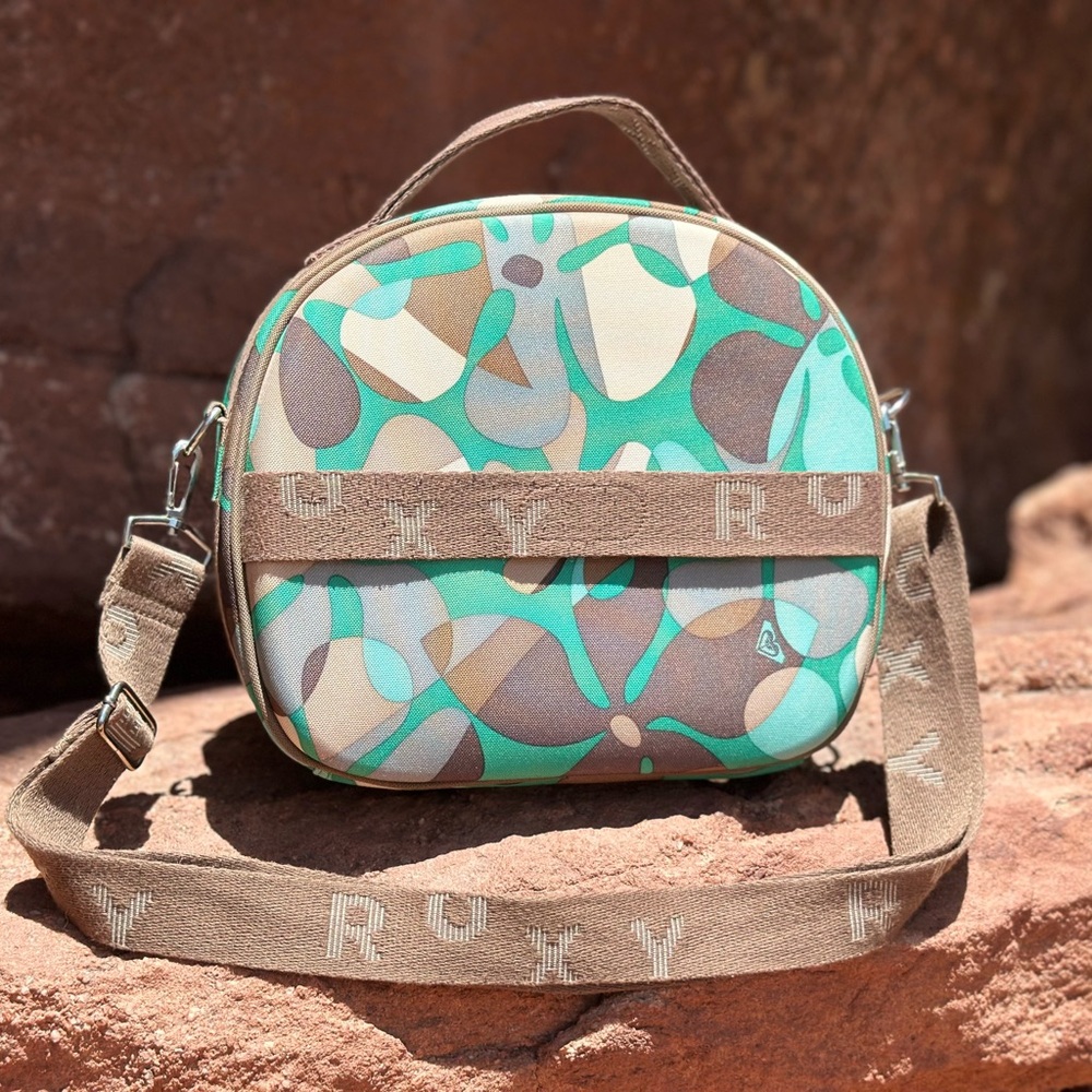 Roxy Vintage Luggage Bag Teal and Brown Abstract Floral